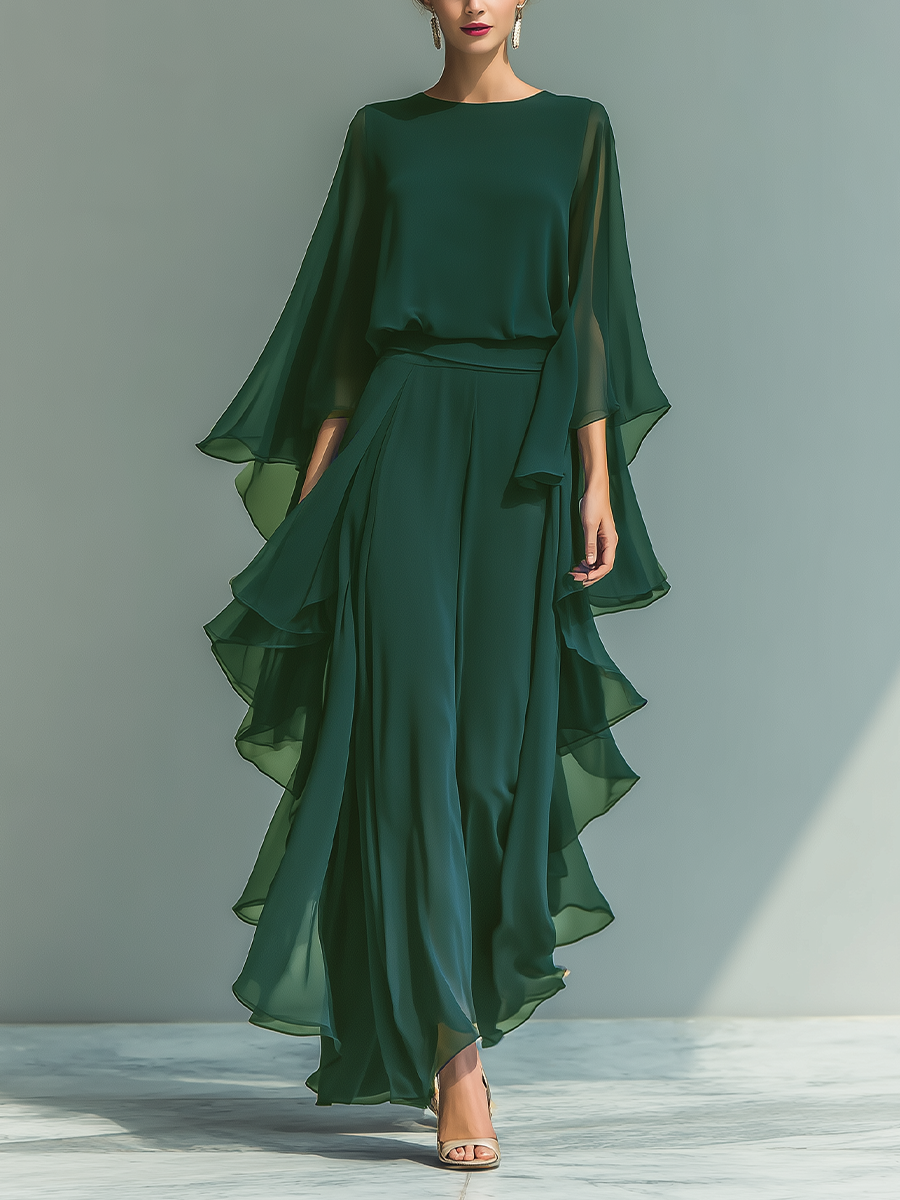 Navy Blue Chiffon Top with Flared Sleeves and Ruffled Trousers Set for Women