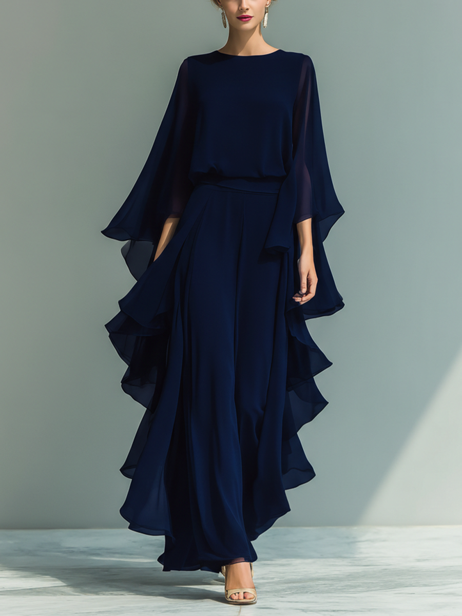 Navy Blue Chiffon Top with Flared Sleeves and Ruffled Trousers Set for Women