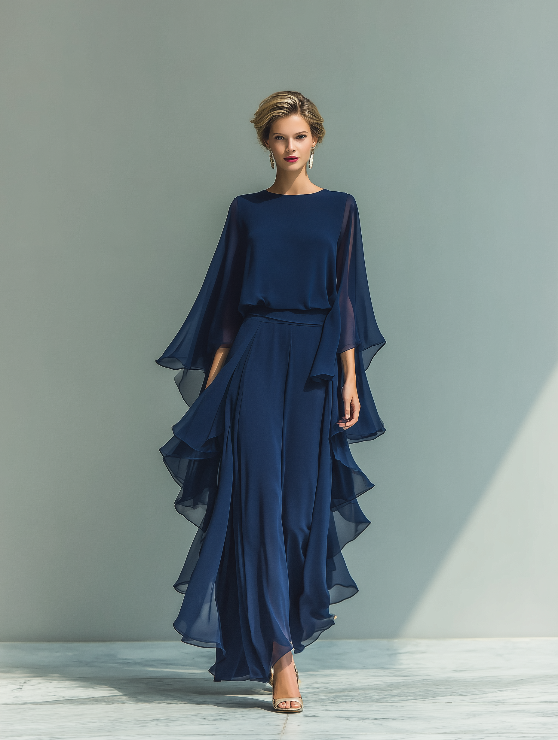 Navy Blue Chiffon Top with Flared Sleeves and Ruffled Trousers Set for Women