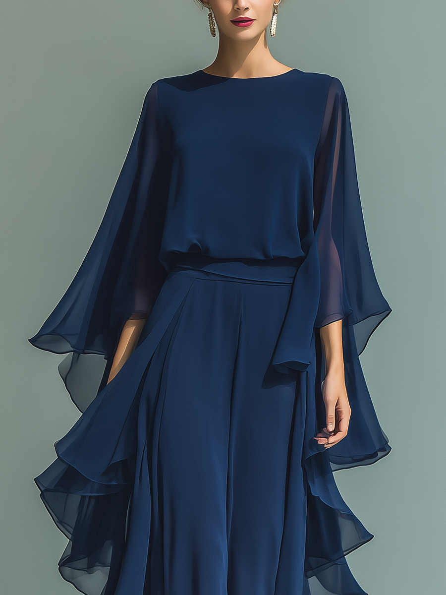 Navy Blue Chiffon Top with Flared Sleeves and Ruffled Trousers Set for Women