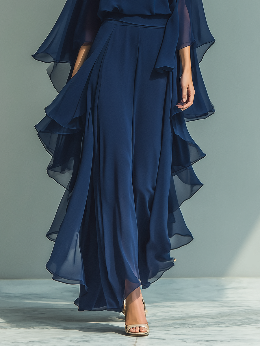 Navy Blue Chiffon Top with Flared Sleeves and Ruffled Trousers Set for Women