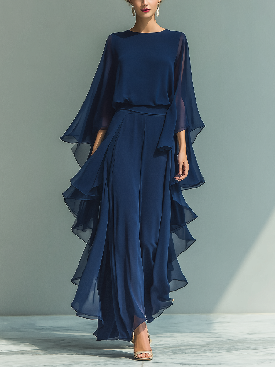 Navy Blue Chiffon Top with Flared Sleeves and Ruffled Trousers Set for Women