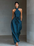Navy Blue Linen Cross Halter Wide-Leg Jumpsuit with Tie Waist and Pockets