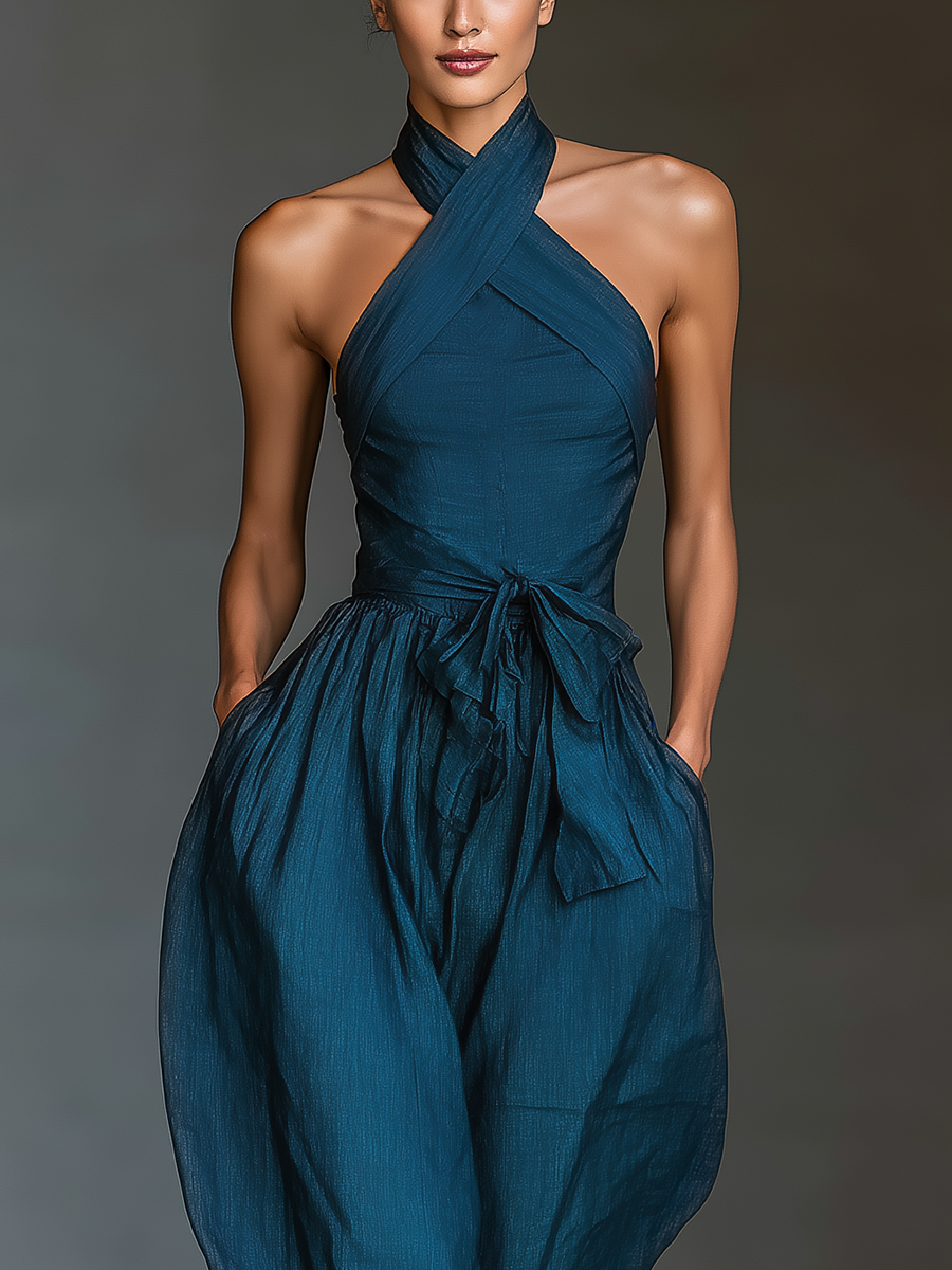 Navy Blue Linen Cross Halter Wide-Leg Jumpsuit with Tie Waist and Pockets