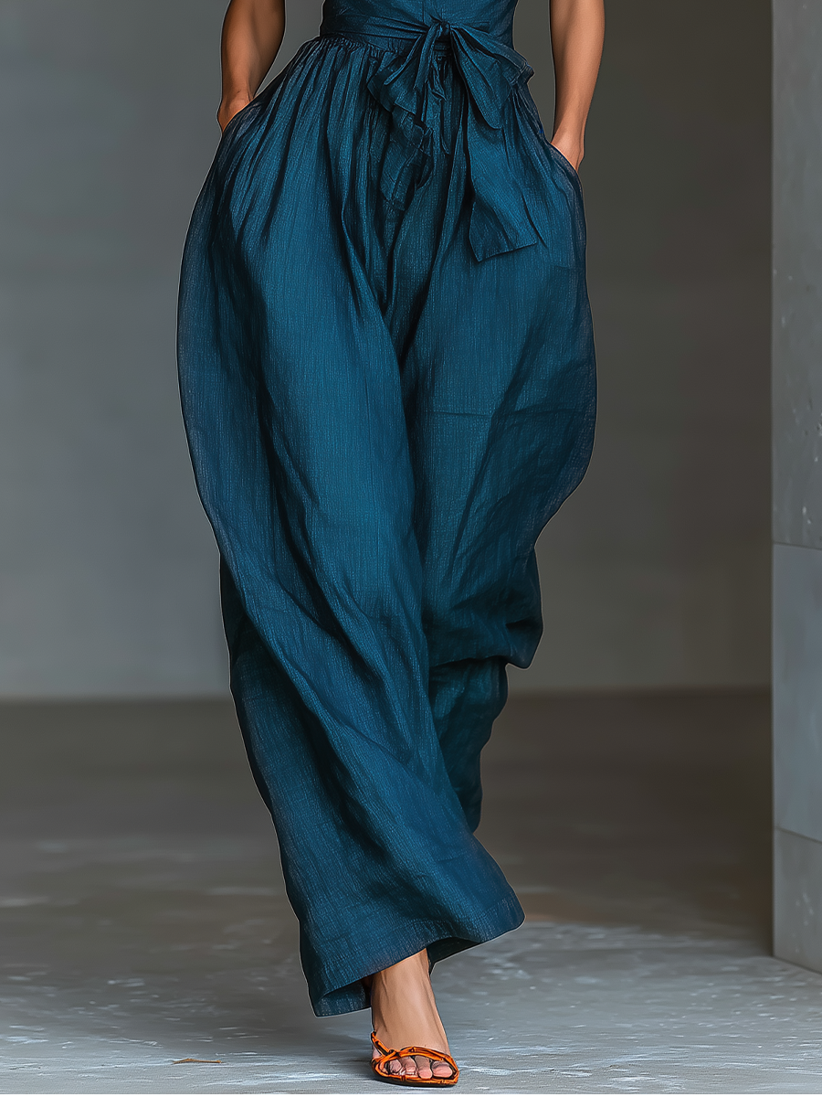 Navy Blue Linen Cross Halter Wide-Leg Jumpsuit with Tie Waist and Pockets