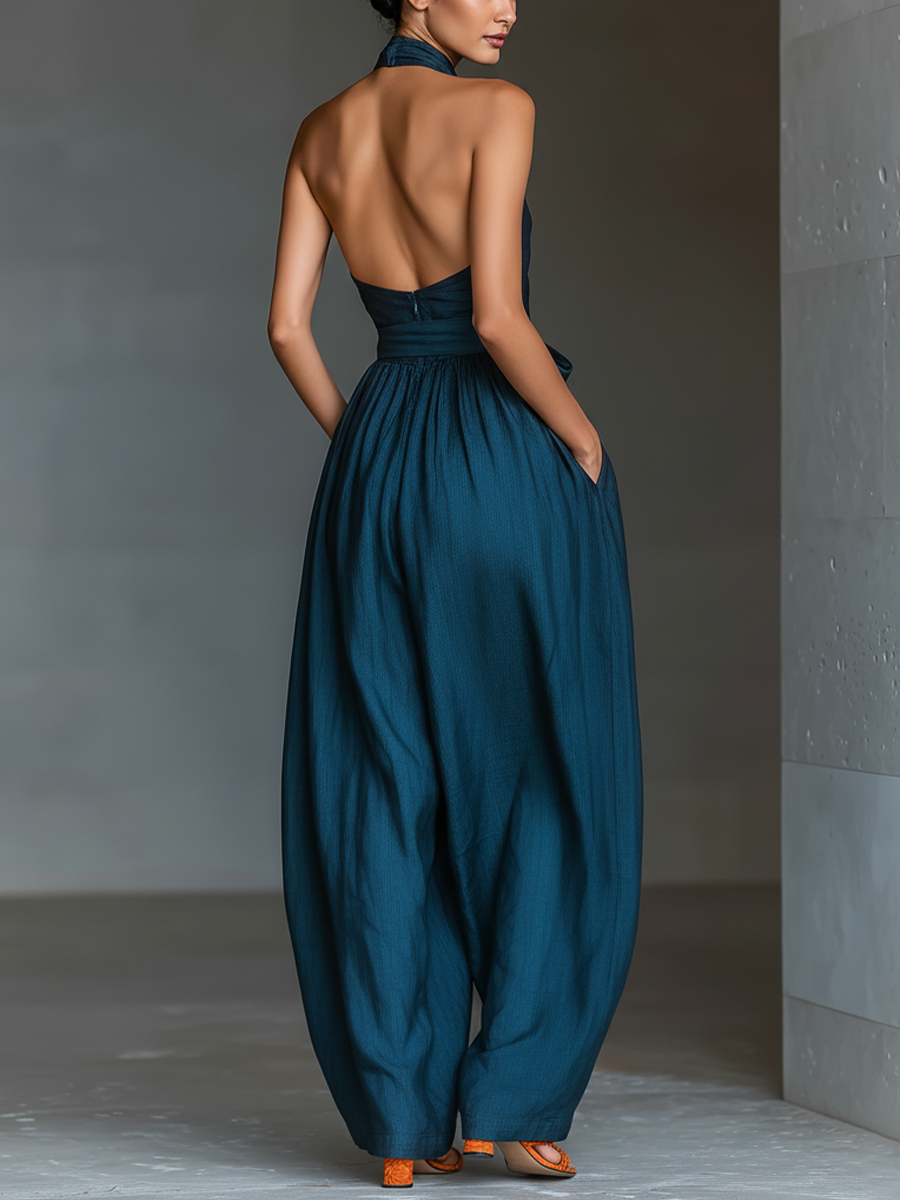 Navy Blue Linen Cross Halter Wide-Leg Jumpsuit with Tie Waist and Pockets
