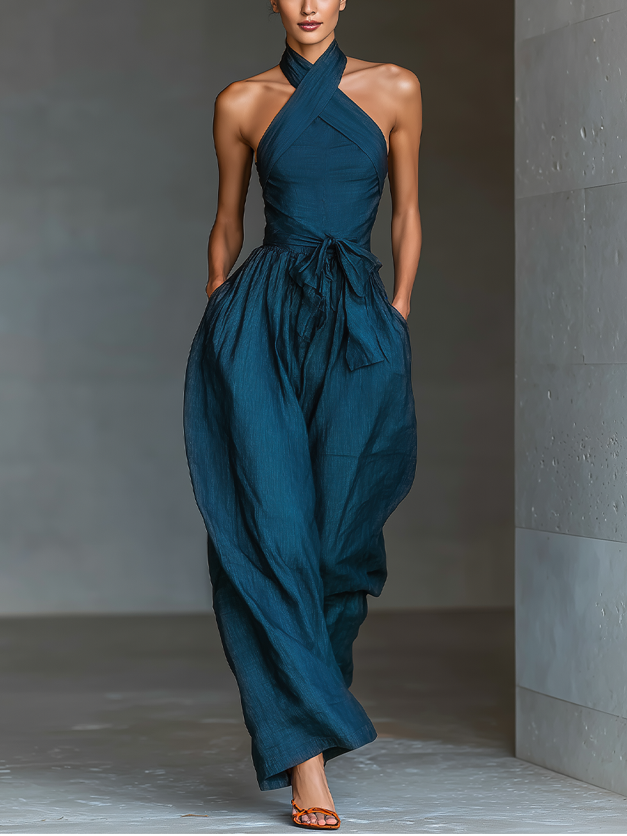 Navy Blue Linen Cross Halter Wide-Leg Jumpsuit with Tie Waist and Pockets