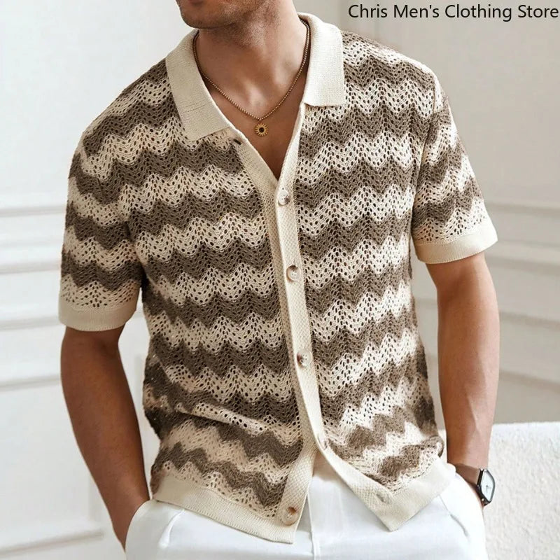 Men's Knitted Striped T-Shirt - Breathable Cutout Design for Business Casual Wear