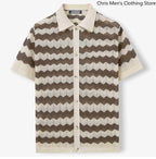 Men's Knitted Striped T-Shirt - Breathable Cutout Design for Business Casual Wear