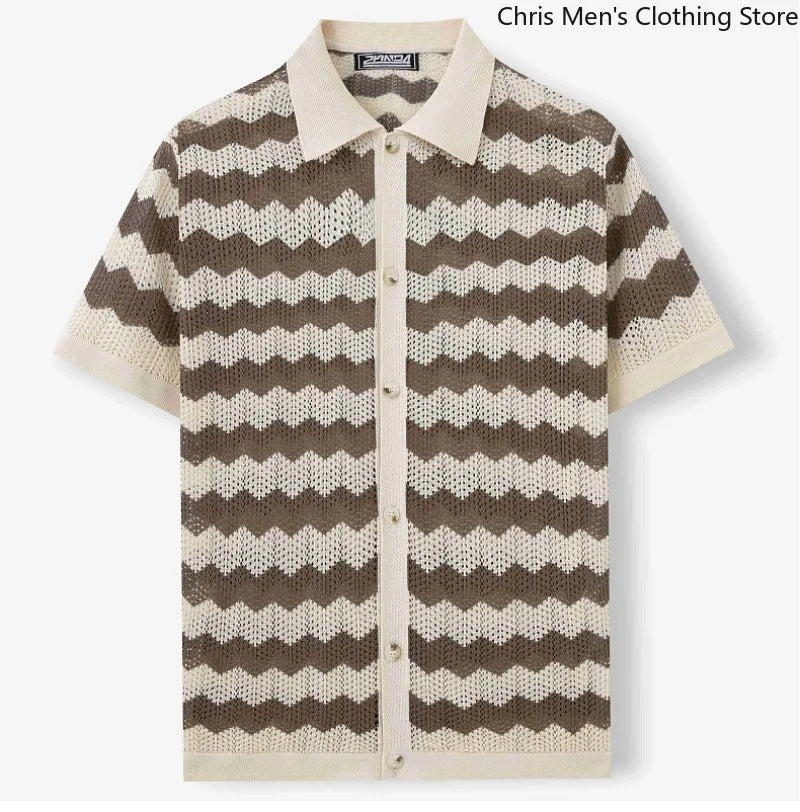 Men's Knitted Striped T-Shirt - Breathable Cutout Design for Business Casual Wear