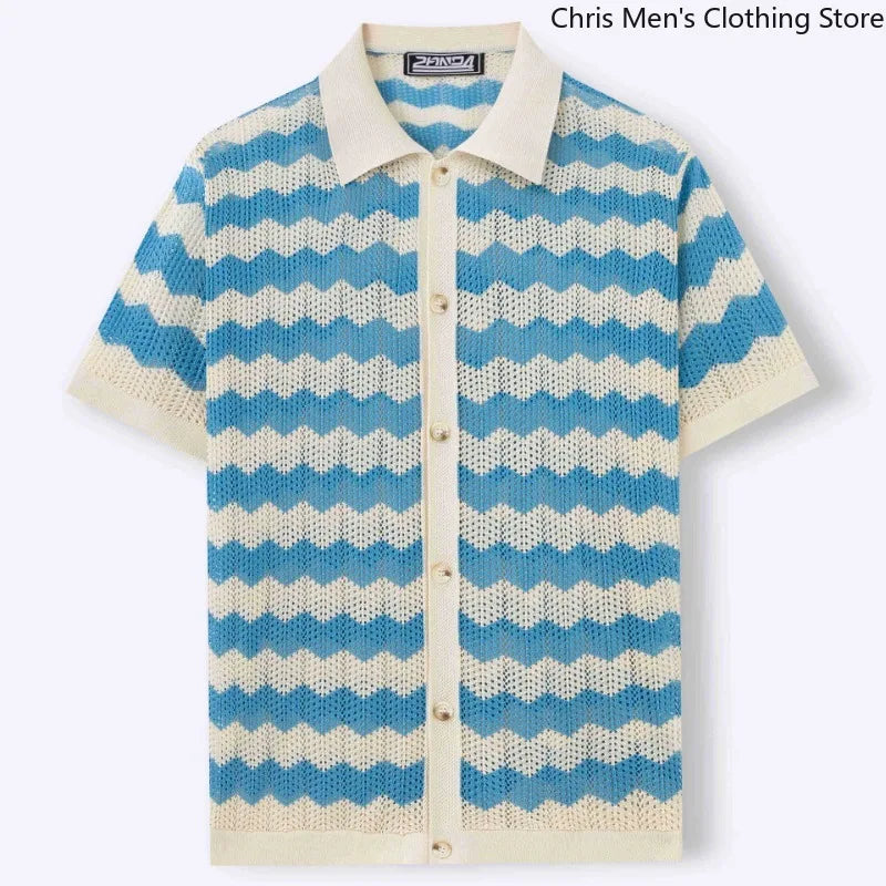 Men's Knitted Striped T-Shirt - Breathable Cutout Design for Business Casual Wear