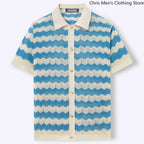 Men's Knitted Striped T-Shirt - Breathable Cutout Design for Business Casual Wear