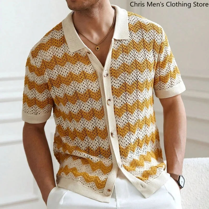 Men's Knitted Striped T-Shirt - Breathable Cutout Design for Business Casual Wear