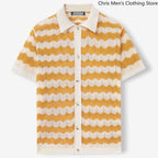 Men's Knitted Striped T-Shirt - Breathable Cutout Design for Business Casual Wear