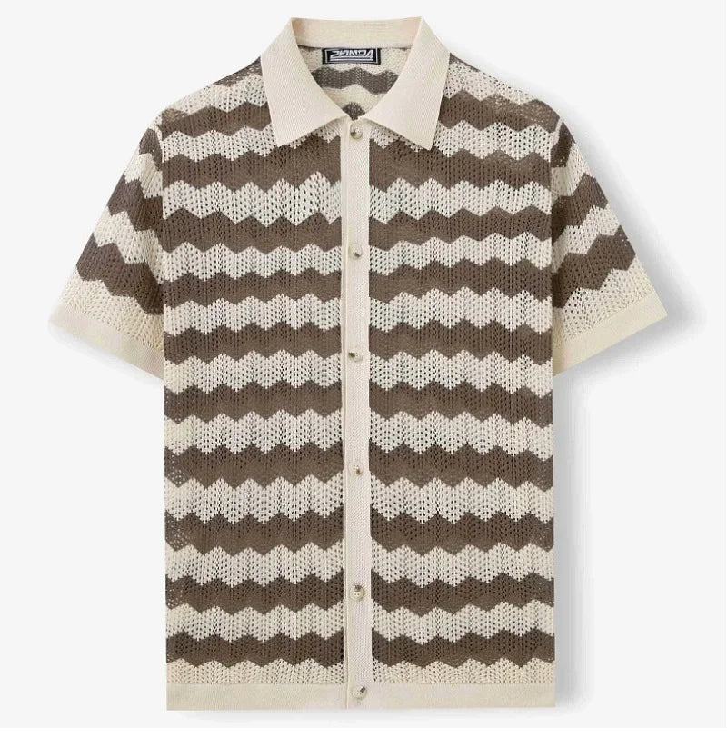 Men's Knitted Striped T-Shirt - Breathable Cutout Design for Business Casual Wear