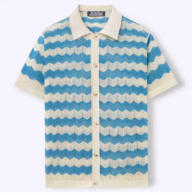 Men's Knitted Striped T-Shirt - Breathable Cutout Design for Business Casual Wear