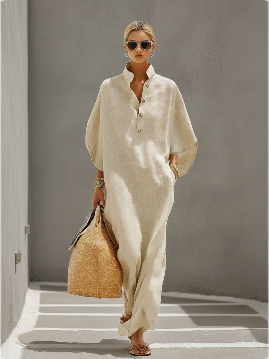Oatmeal Linen Dress with Mandarin Collar & Dolman Sleeves for Women