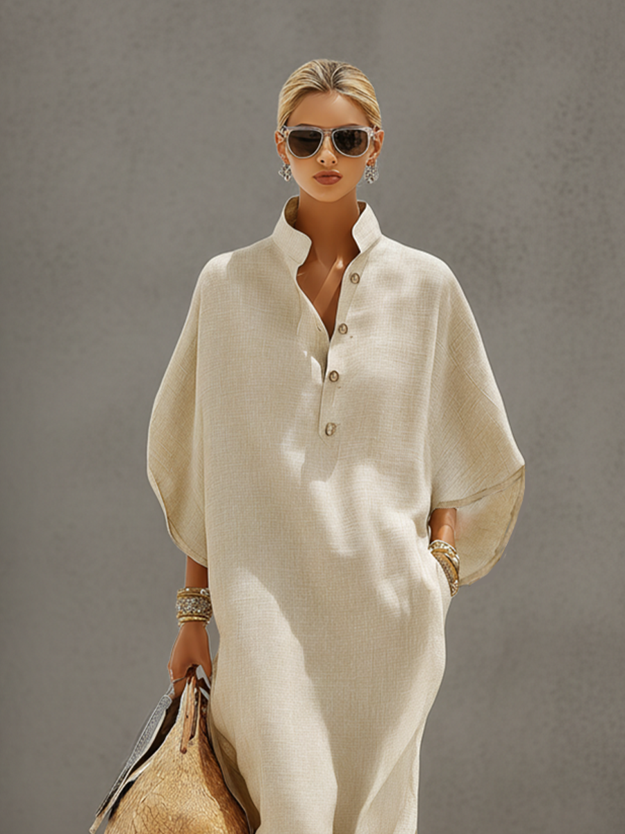 Oatmeal Linen Dress with Mandarin Collar & Dolman Sleeves for Women