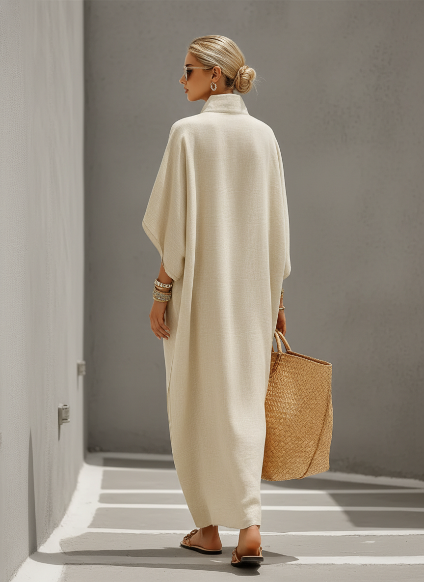 Oatmeal Linen Dress with Mandarin Collar & Dolman Sleeves for Women