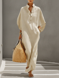 Oatmeal Linen Dress with Mandarin Collar & Dolman Sleeves for Women