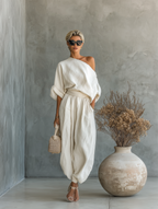 Off-White Linen Off-Shoulder Casual Top and Tapered Pants Set for Women