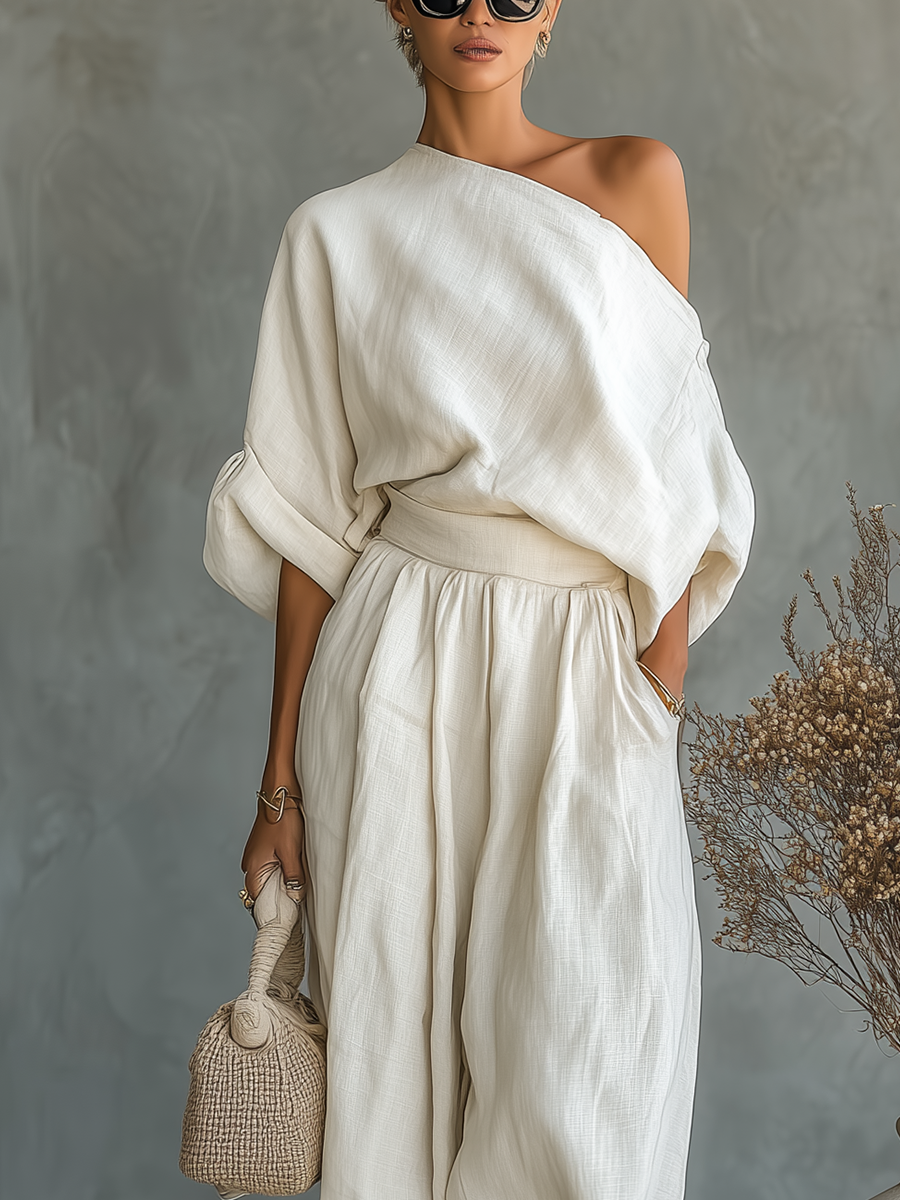 Off-White Linen Off-Shoulder Casual Top and Tapered Pants Set for Women