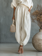 Off-White Linen Off-Shoulder Casual Top and Tapered Pants Set for Women