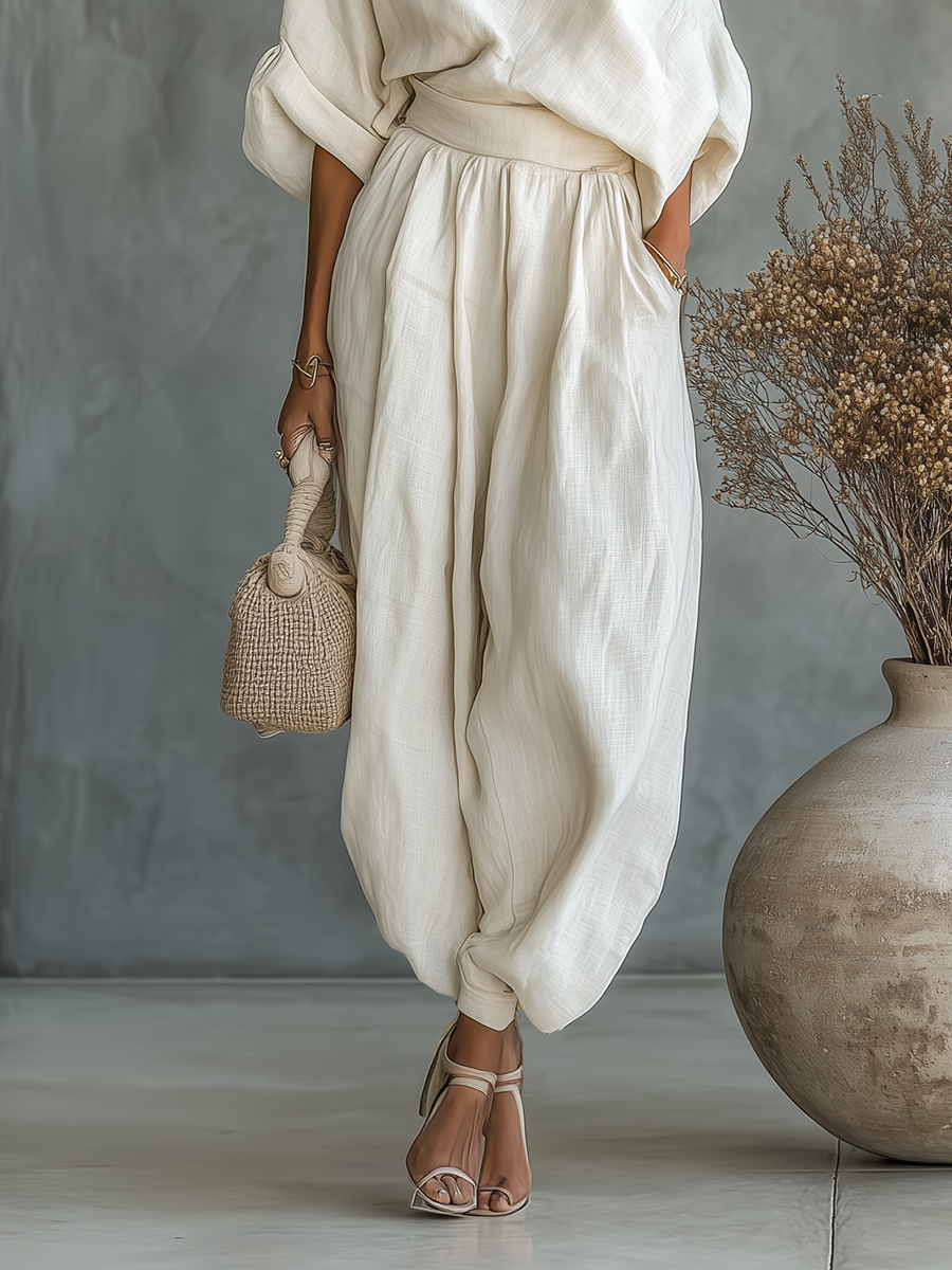 Off-White Linen Off-Shoulder Casual Top and Tapered Pants Set for Women