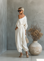 Off-White Linen Off-Shoulder Casual Top and Tapered Pants Set for Women