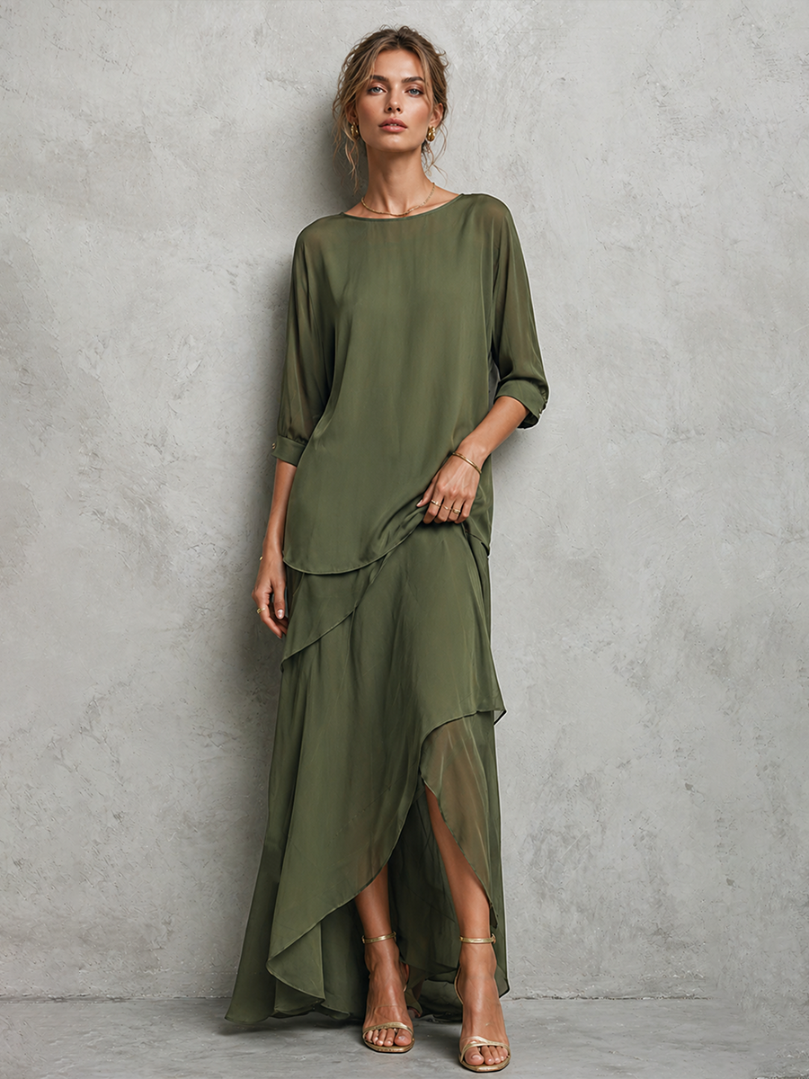 Olive Green Chiffon Two-Piece Set - Crew Neck Top & Asymmetric Maxi Skirt
