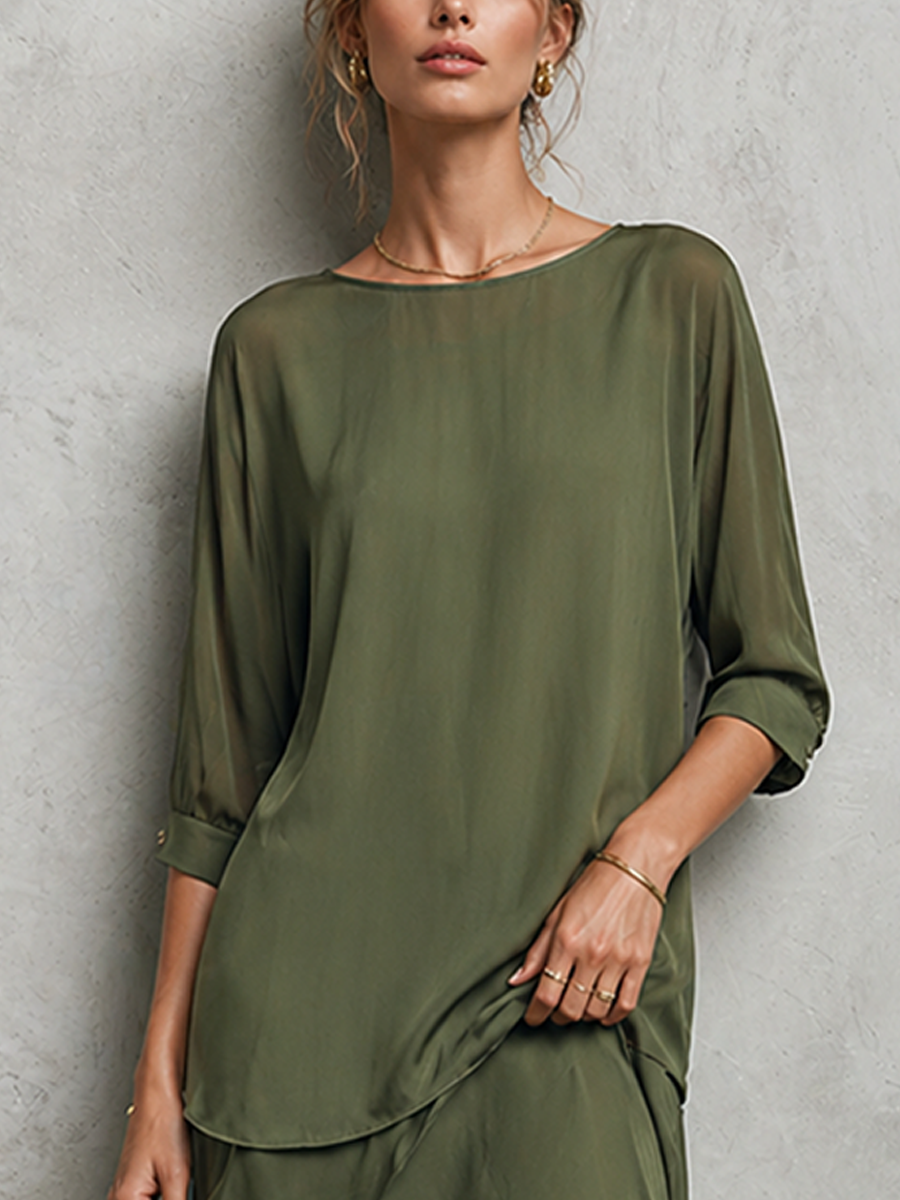 Olive Green Chiffon Two-Piece Set - Crew Neck Top & Asymmetric Maxi Skirt