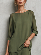 Olive Green Chiffon Two-Piece Set - Crew Neck Top & Asymmetric Maxi Skirt