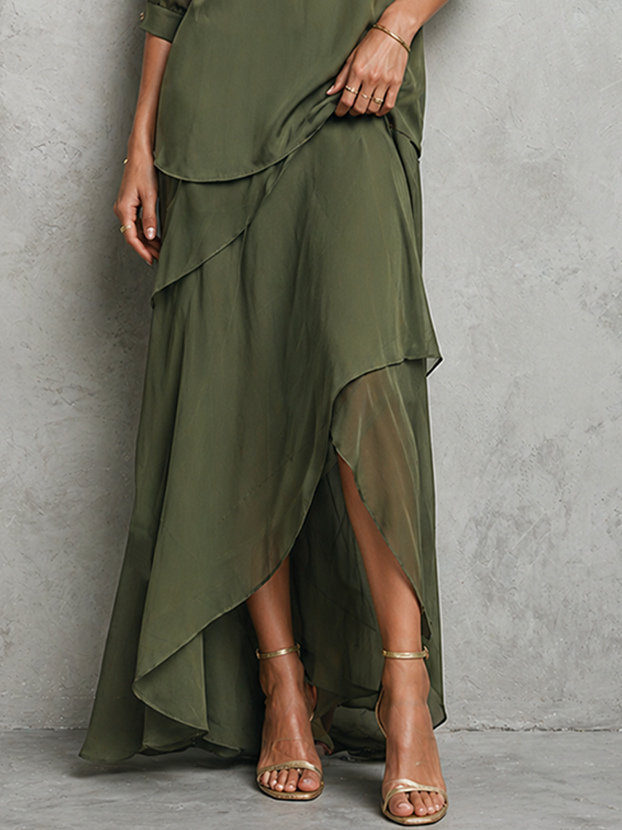Olive Green Chiffon Two-Piece Set - Crew Neck Top & Asymmetric Maxi Skirt