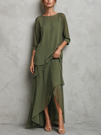 Olive Green Chiffon Two-Piece Set - Crew Neck Top & Asymmetric Maxi Skirt