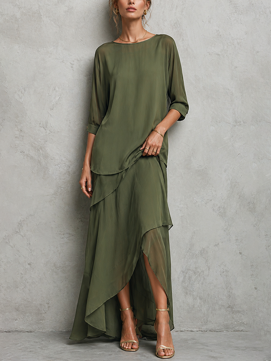 Olive Green Chiffon Two-Piece Set - Crew Neck Top & Asymmetric Maxi Skirt