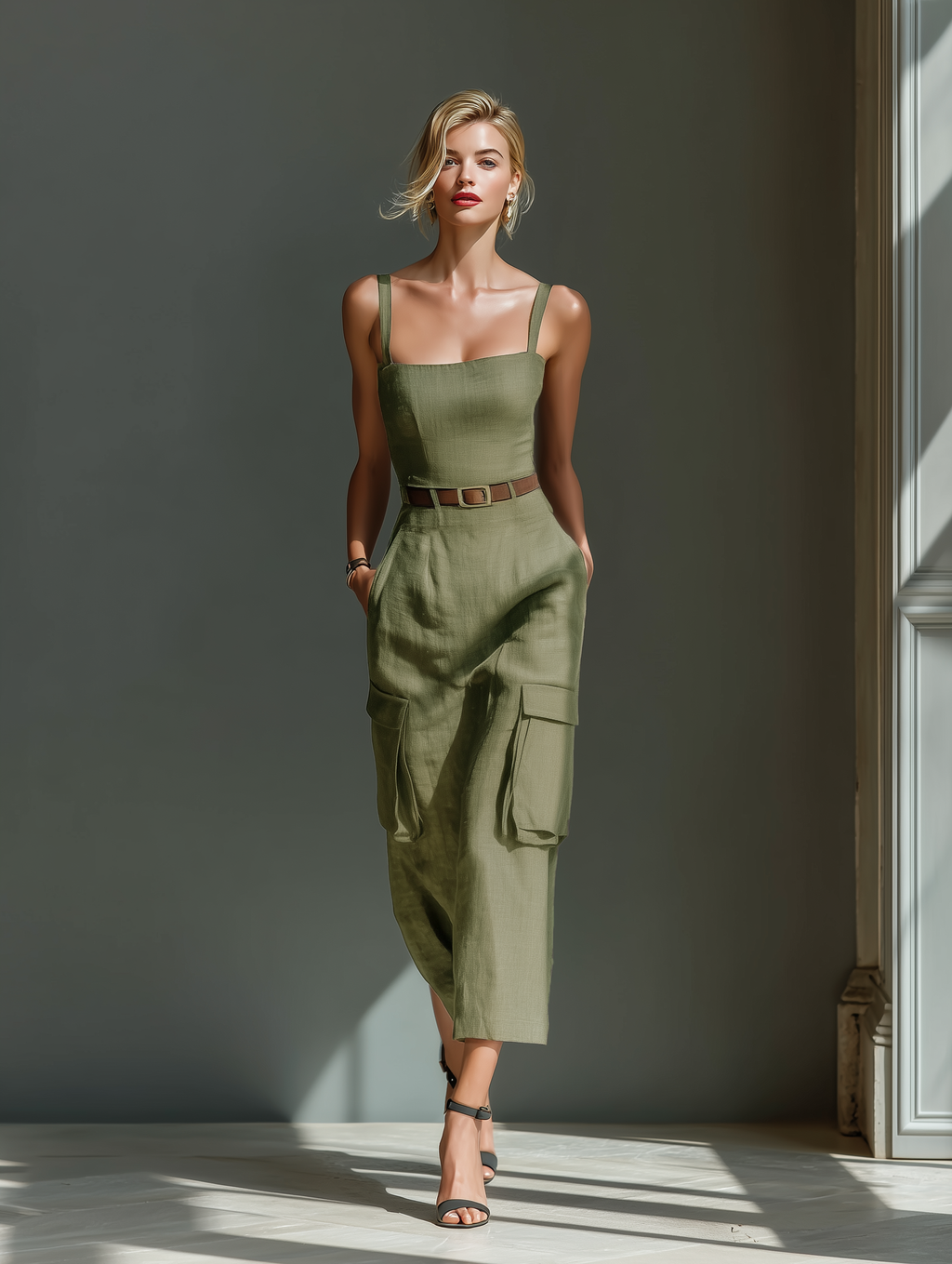 Olive Green Linen Midi Dress for Women with Sleeveless Design and Cargo Pockets
