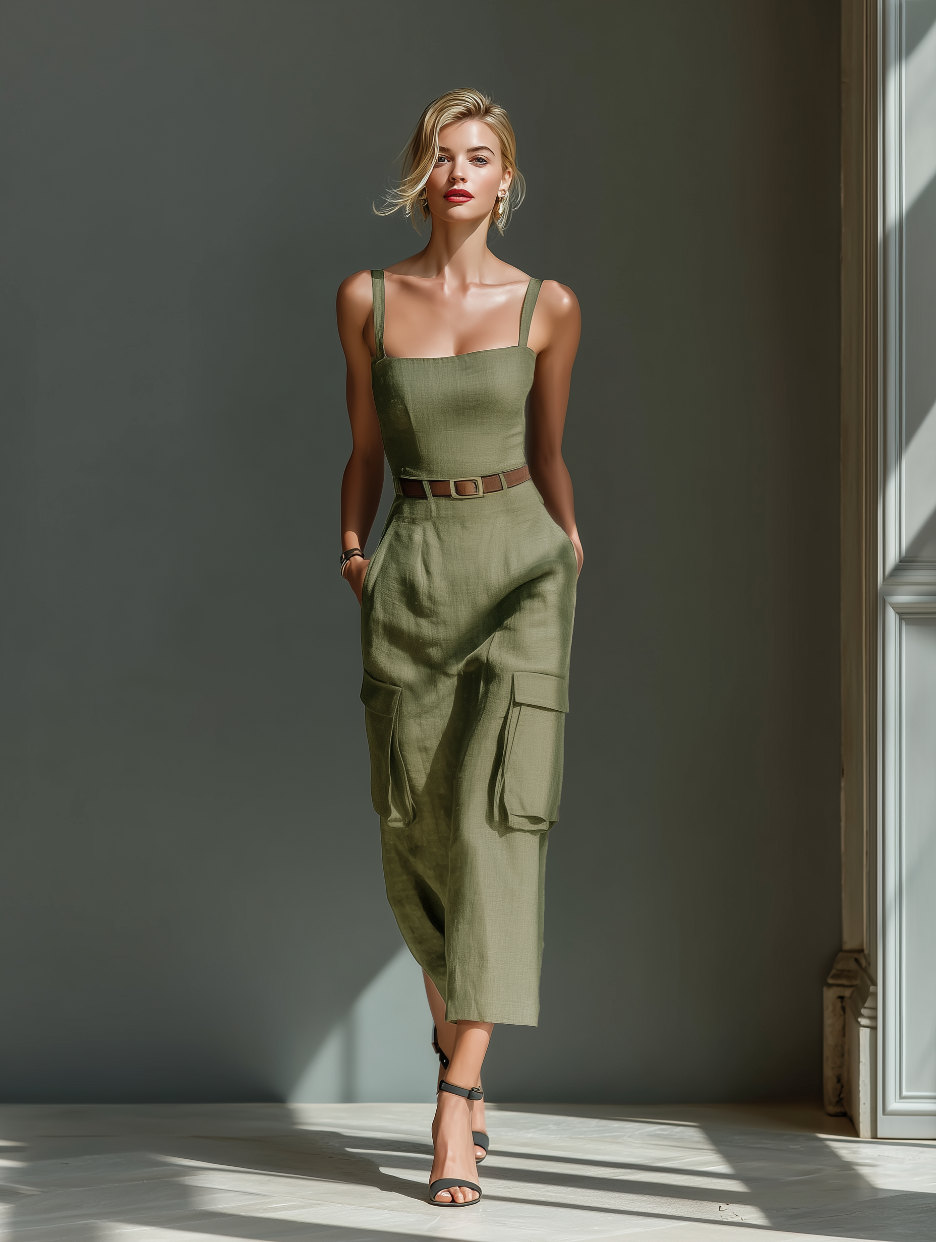 Olive Green Linen Midi Dress for Women with Sleeveless Design and Cargo Pockets