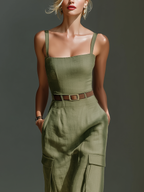 Olive Green Linen Midi Dress for Women with Sleeveless Design and Cargo Pockets