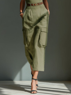 Olive Green Linen Midi Dress for Women with Sleeveless Design and Cargo Pockets