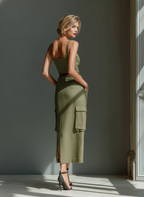 Olive Green Linen Midi Dress for Women with Sleeveless Design and Cargo Pockets