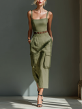 Olive Green Linen Midi Dress for Women with Sleeveless Design and Cargo Pockets