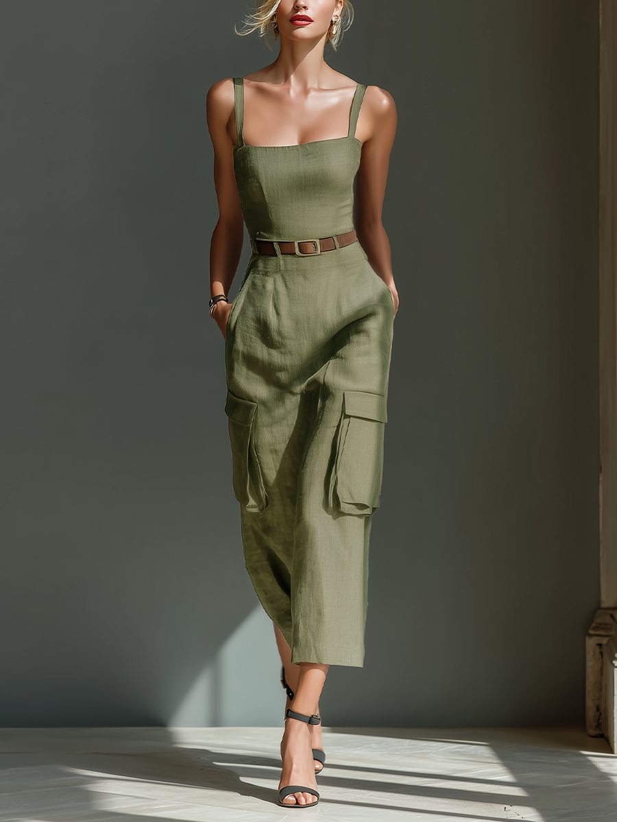 Olive Green Linen Midi Dress for Women with Sleeveless Design and Cargo Pockets