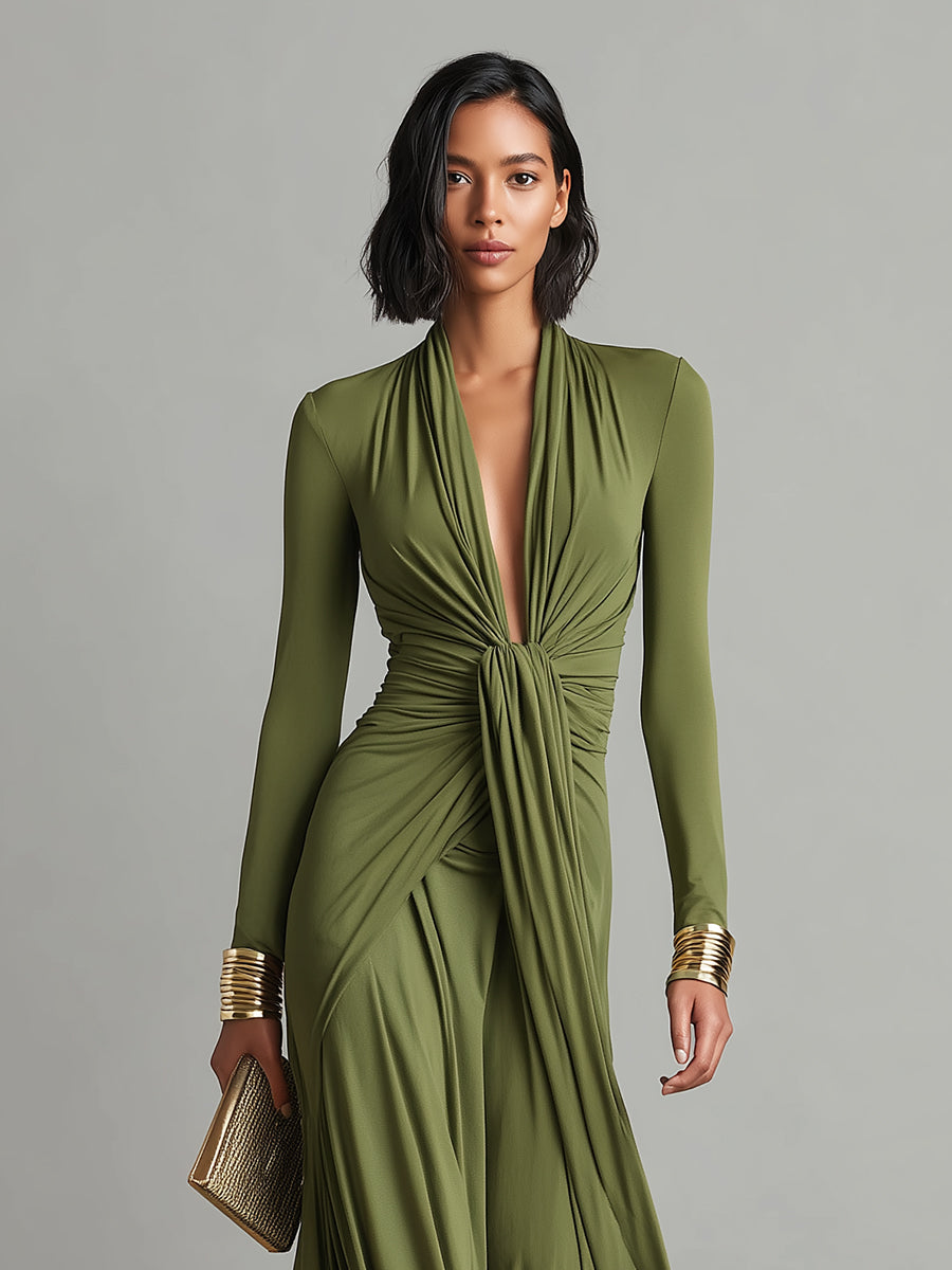 Olive Silky Maxi Dress with Deep V-Neck & Ruched Detail for Women