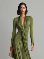 Olive Silky Maxi Dress with Deep V-Neck & Ruched Detail for Women