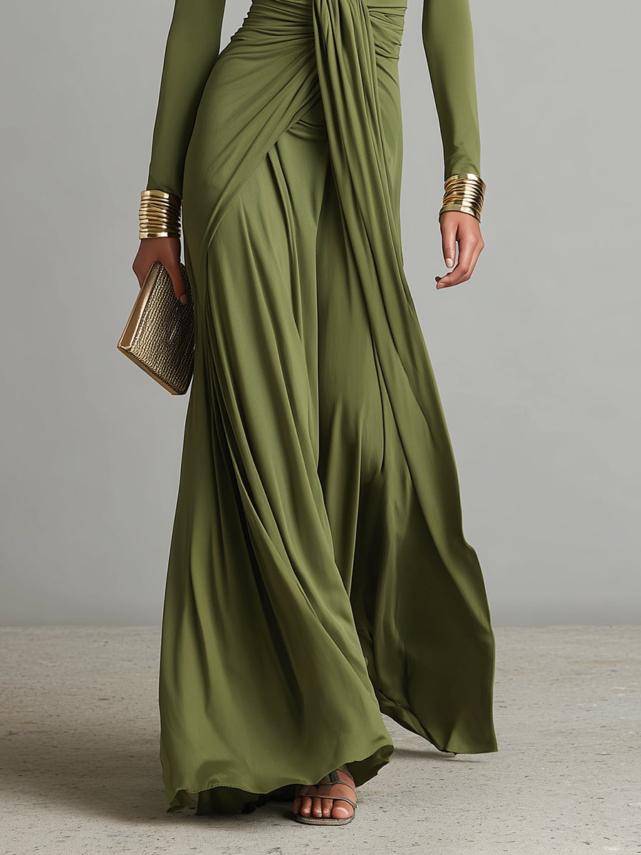 Olive Silky Maxi Dress with Deep V-Neck & Ruched Detail for Women