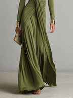 Olive Silky Maxi Dress with Deep V-Neck & Ruched Detail for Women