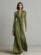 Olive Silky Maxi Dress with Deep V-Neck & Ruched Detail for Women