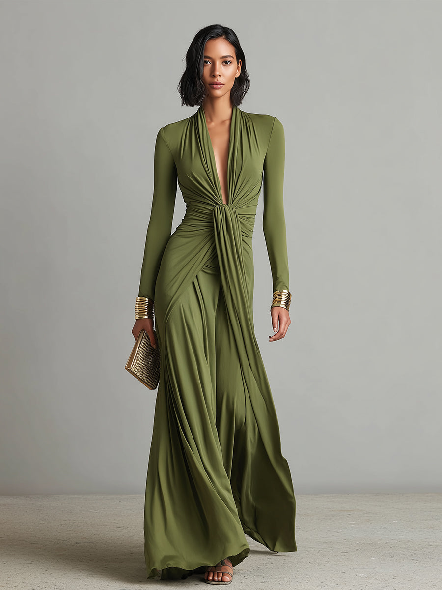 Olive Silky Maxi Dress with Deep V-Neck & Ruched Detail for Women