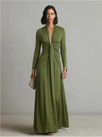 Olive Silky Maxi Dress with Deep V-Neck & Ruched Detail for Women