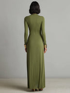 Olive Silky Maxi Dress with Deep V-Neck & Ruched Detail for Women